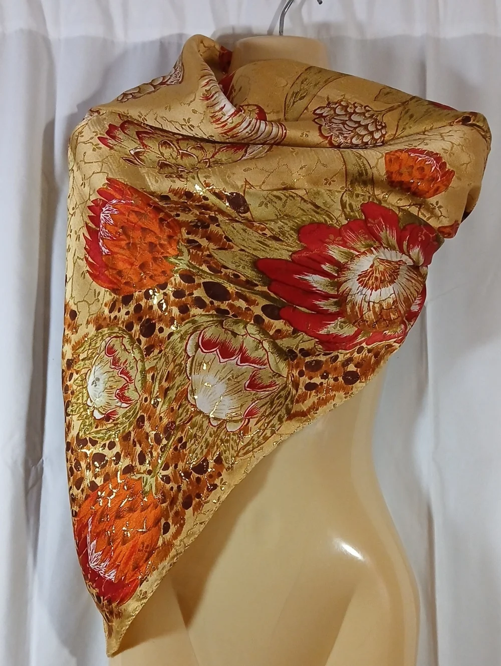 Womens Floral Silk Scarf Metallic Gold 34 Inch Square Orange Red
